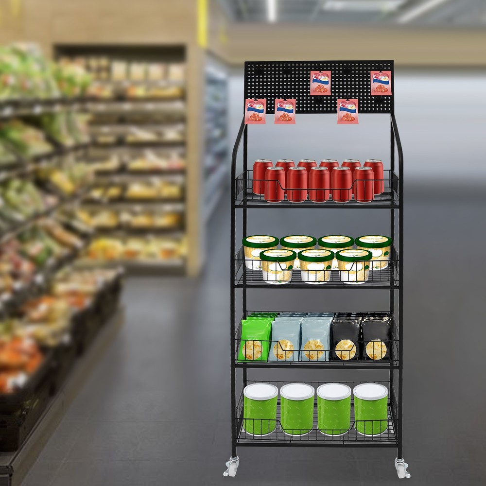 4 Tiers Retail Display Rack Snack Display Organizer Snack Rack Stand with Hooks