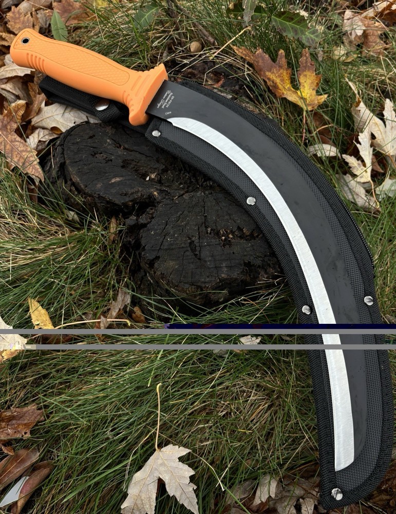 16” Machete Crescent Hook Blade Rubber Handle Nylon Sheath Black Orange Sickle