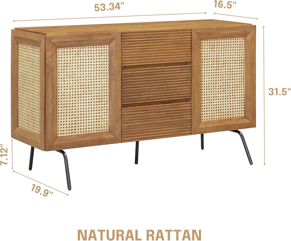 Modern MOSSIC Sideboard with Rattan Doors & Drawers, Easy Assembly, Teak Look