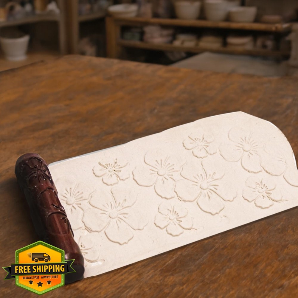 HORSDO Pottery Tools Wood Big Rollers Flower Pattern Clay Ceramics