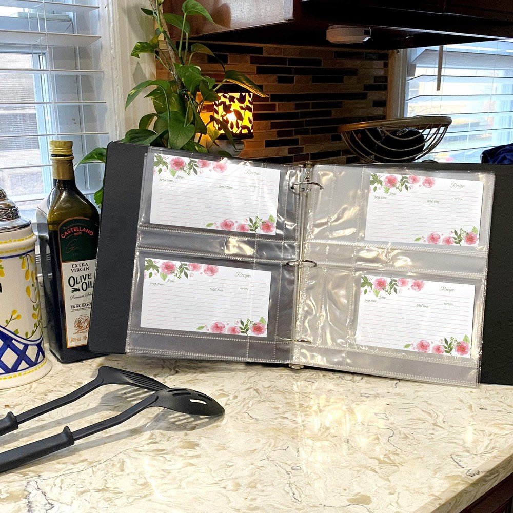Recipe Card Protectors 4x6 for 3 Ring Binder, 50 Pack – Clear Plastic