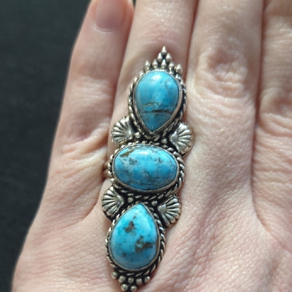 Silver Plated Chocolate Turquoise Gemstone Three Stone Statement Ring - size 6-9