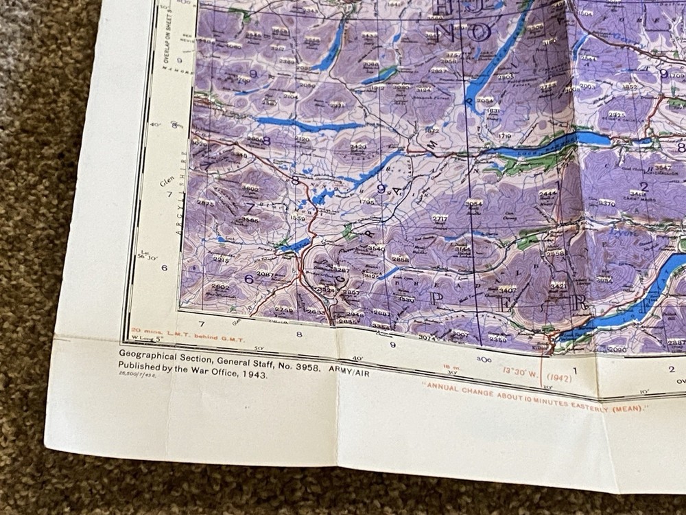 World War II Eastern Highlands Scotland War Office 1943 Pilot Navigation Map