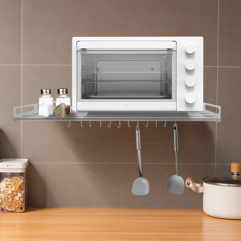 Stainless Steel Wall-Mounted Microwave Oven Shelf w/12 Hooks for Kitchen Storage