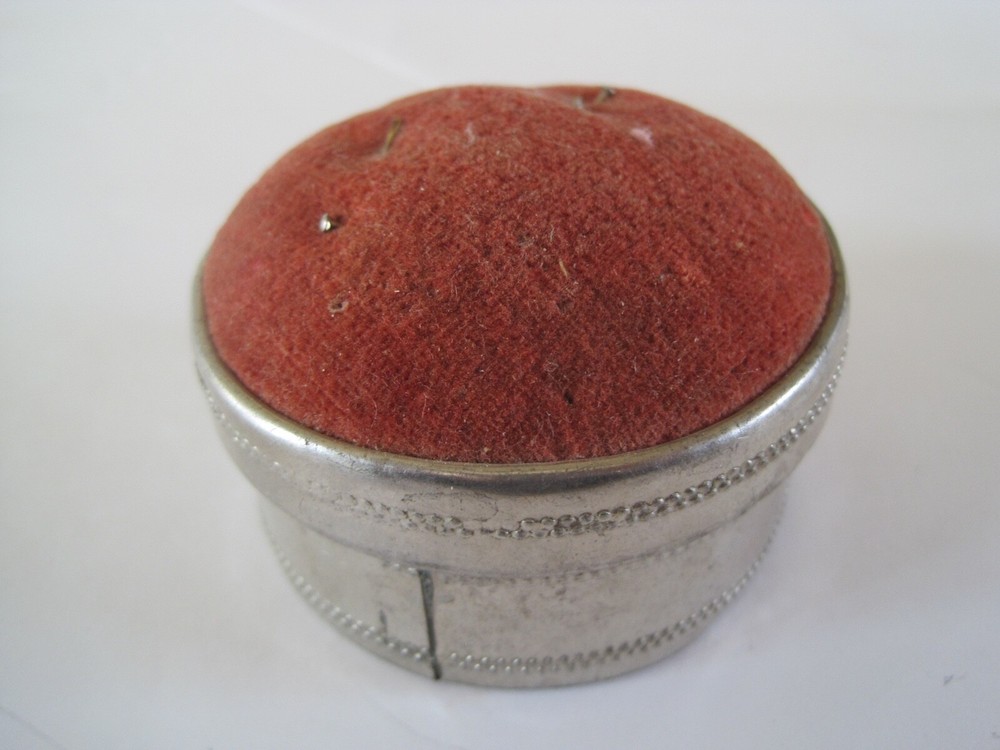Pin Cushion w/ Thread Inside Paper Bottom Silver Tone