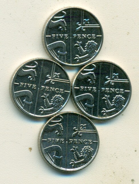 4 NICE 5 PENCE COINS from GREAT BRITAIN (2014, 2015, 2016 & 2017)