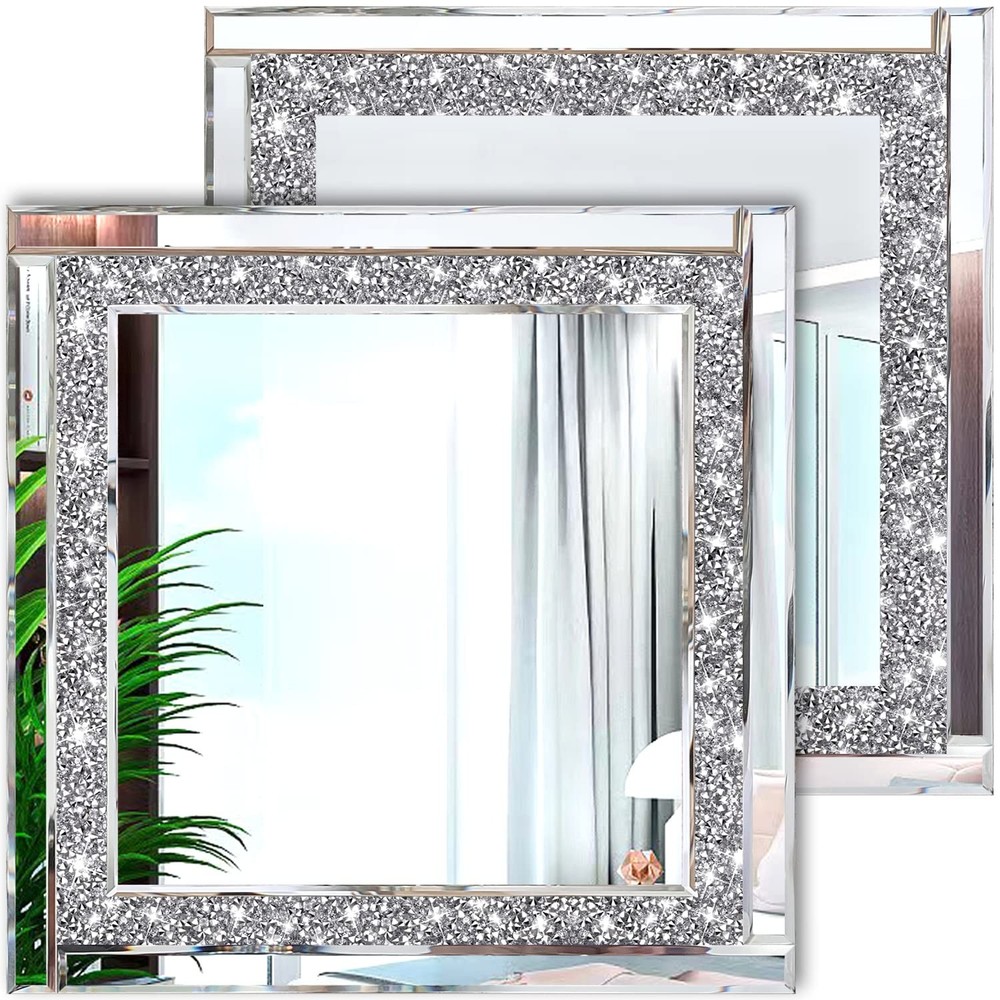 Crystal Crush Diamond Silver Mirror 12'' X 12'' 2PCS,Frameless Stylish Gorgeous