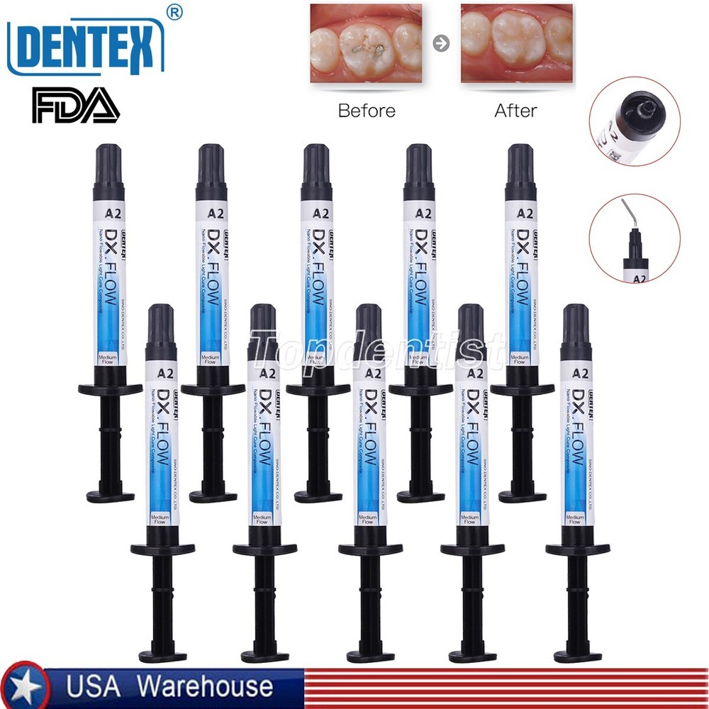 10Pc DX.FLOW Dental Light Cure Flowable Composite Resin Shade A2 Medium Flow 3g