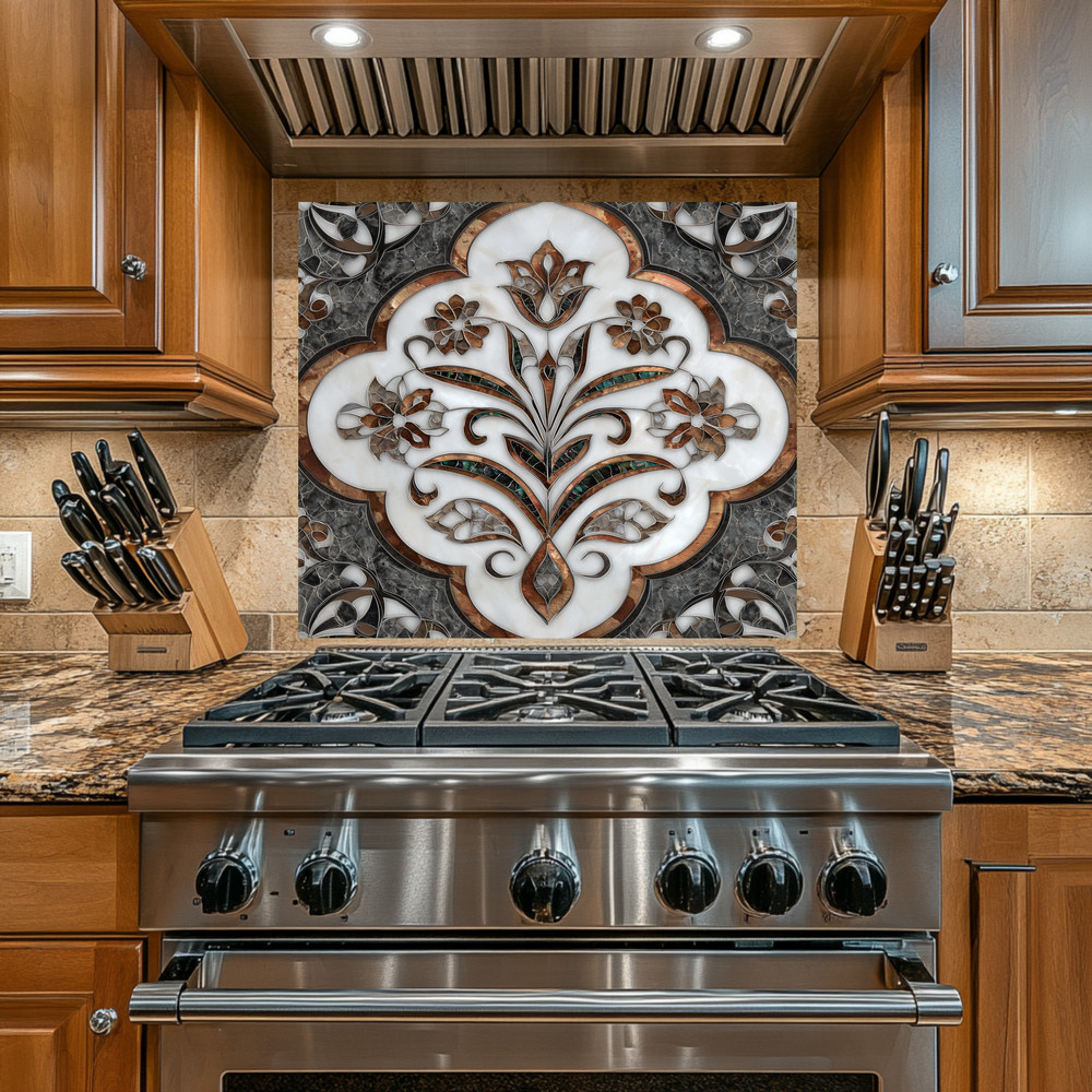 Ottoman Pattern on Marble Print Background Glass Backsplash for Kitchen Stove