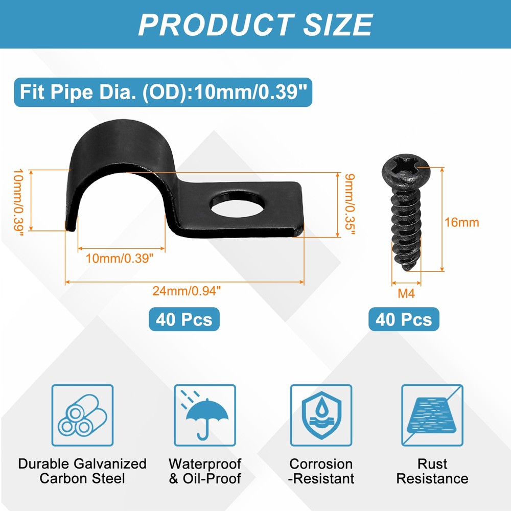 40Pcs 10mm(3/8") One Hole Pipe Strap, U Brackets Conduit Clamp, Black