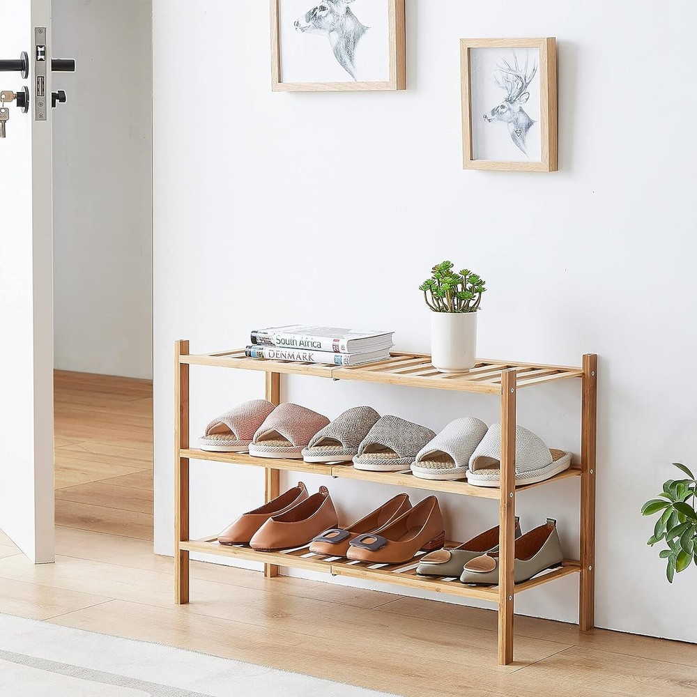 4-Tier Bamboo Shoe Rack for Entryway, Stackable | Foldable | Natural, Shoe Organ