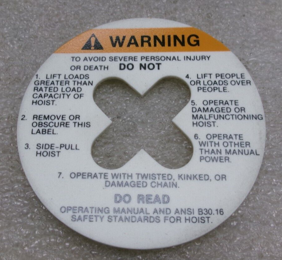 COFFING HOISTS 687-K-2 WARNING LABEL FOR Models: CB 2 - CB5  #252HH