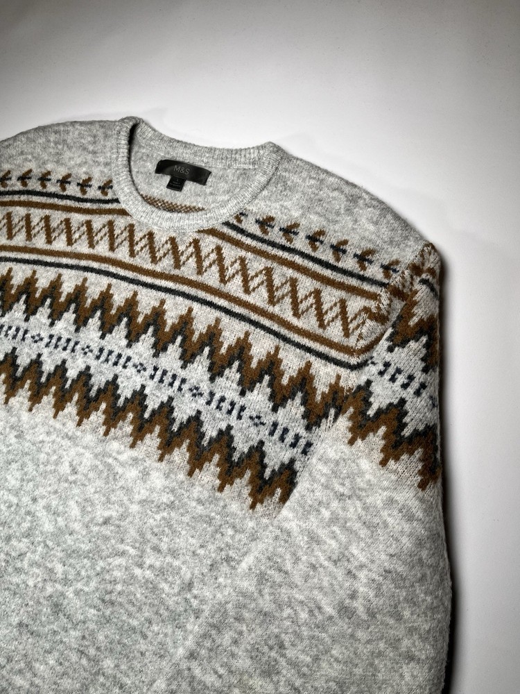 M&S Grey Extra Soft Jumper Mustard & Navy Pattern Sweater Men’s L [76]