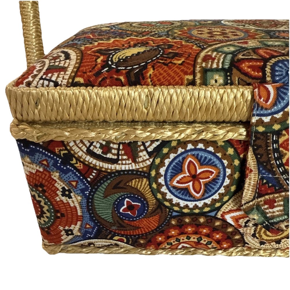 Sewing Basket Fabric Covered Rectangular Straps Handle Plastic Insert
