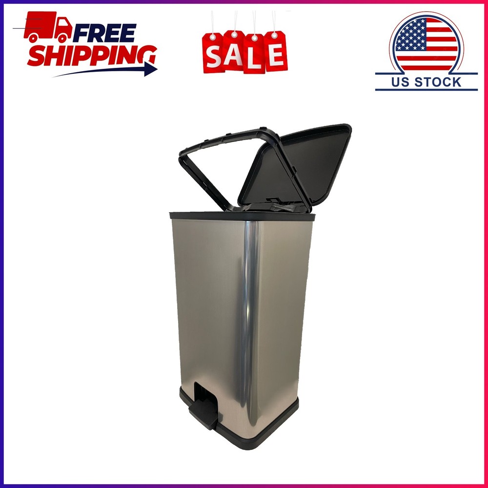 Mainstays Kitchen Trash Can, 13.2 Gallon Plastic Step Garbage Bin with Lid, Silv
