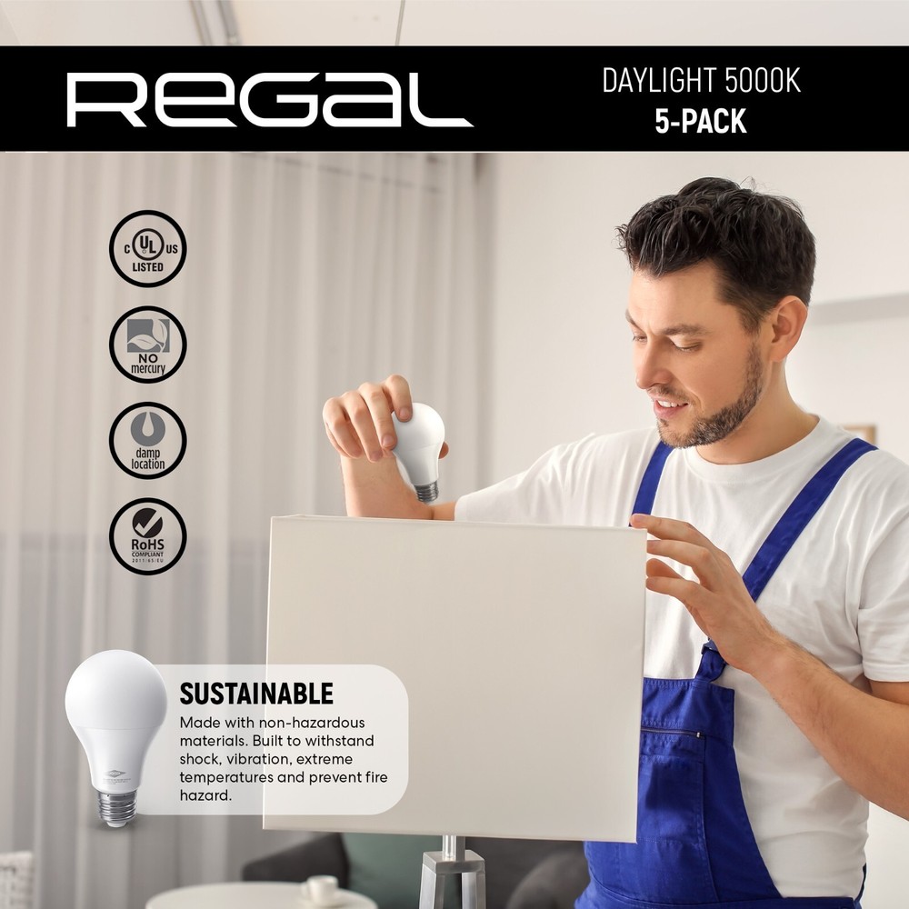 5 Pack Regal LED A19, E26 Light Bulbs Daylight 9W (60W Equivalent) 800 Lumens