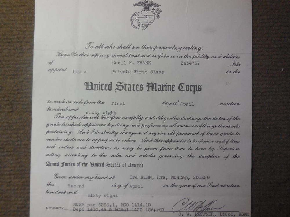 1968 USMC Vietnam War Private First Class Promotion Document