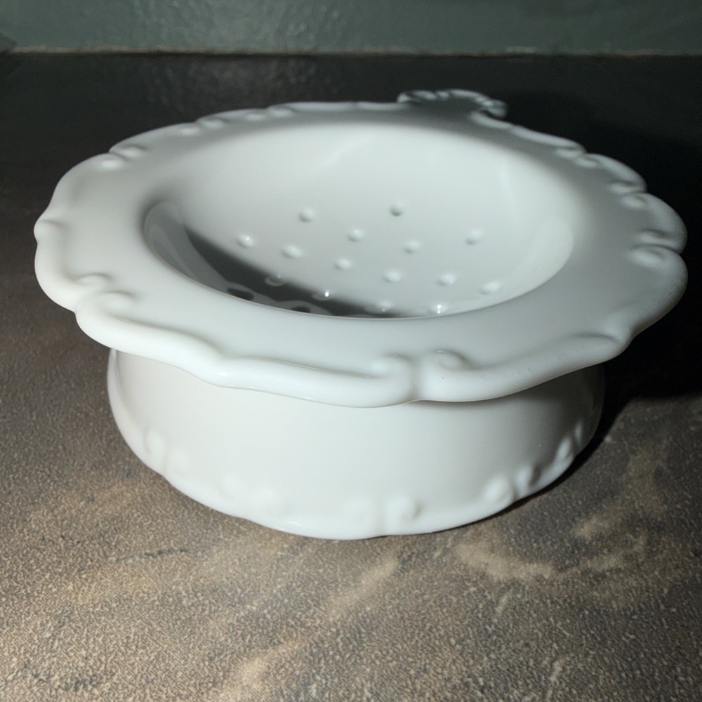 VINTAGE- White Ceramic Tea Strainer With Receptacle