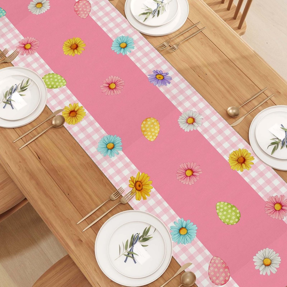 Pink and White Buffalo Check Plaid Easter Table Runner Easter Egg Bunny Chick ..