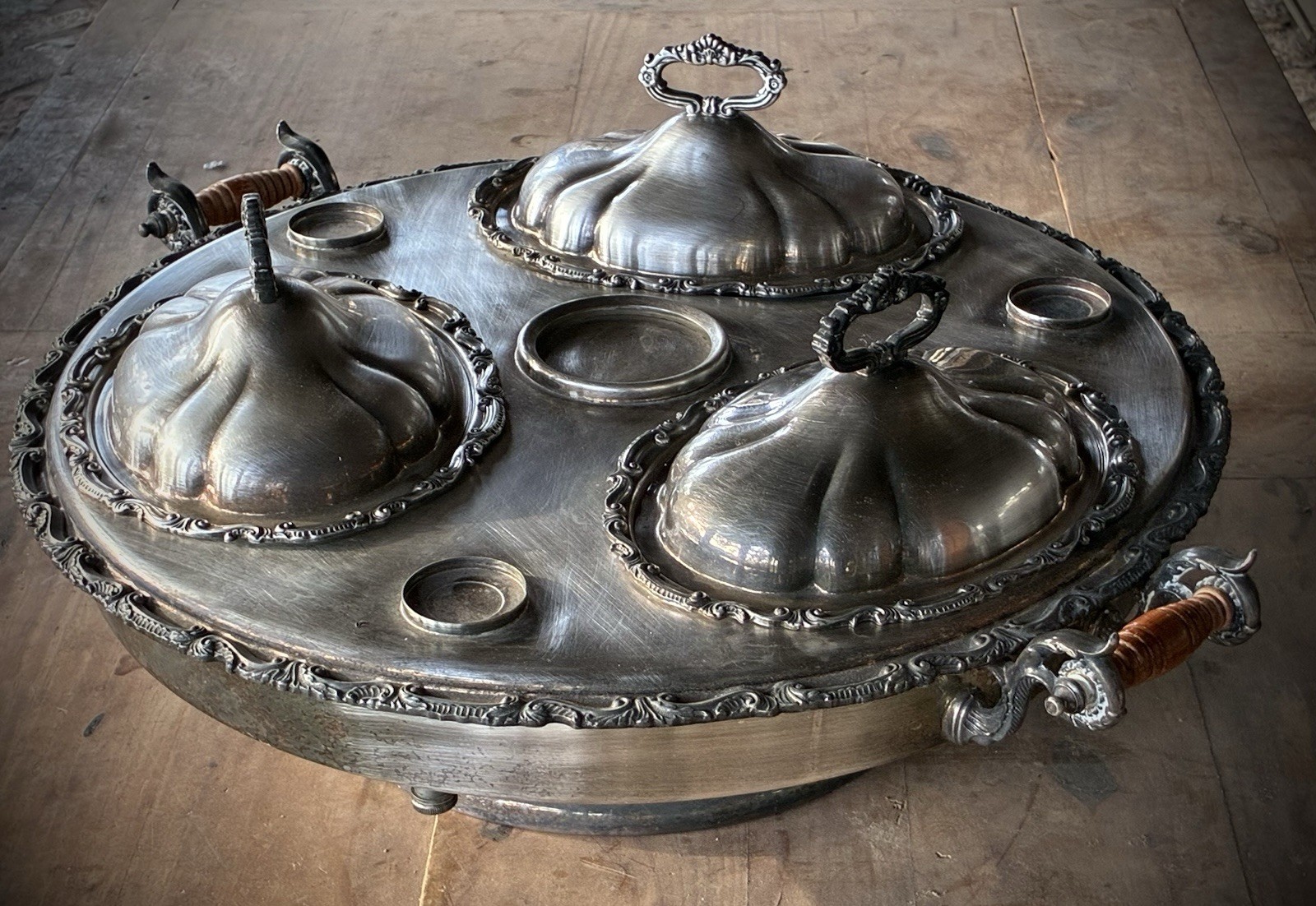 Large Birmingham Silver Plate Lazy Susan Hot Food Server - 23"