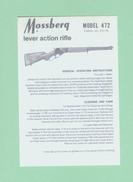 Mossberg Model 472 Owners Manual sheet Reproduction