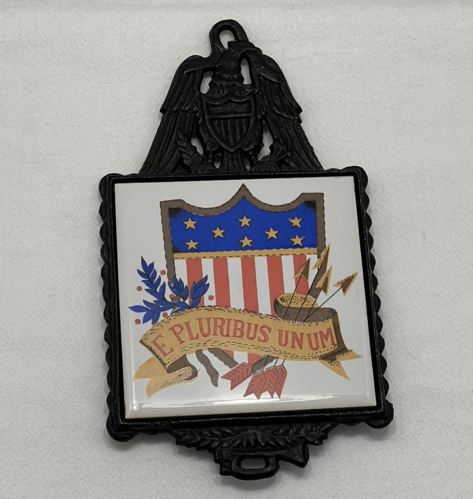Vintage Kitchen Patriotic Tile Trivet E Pluribus Unum Eagle Bugle Cast Iron