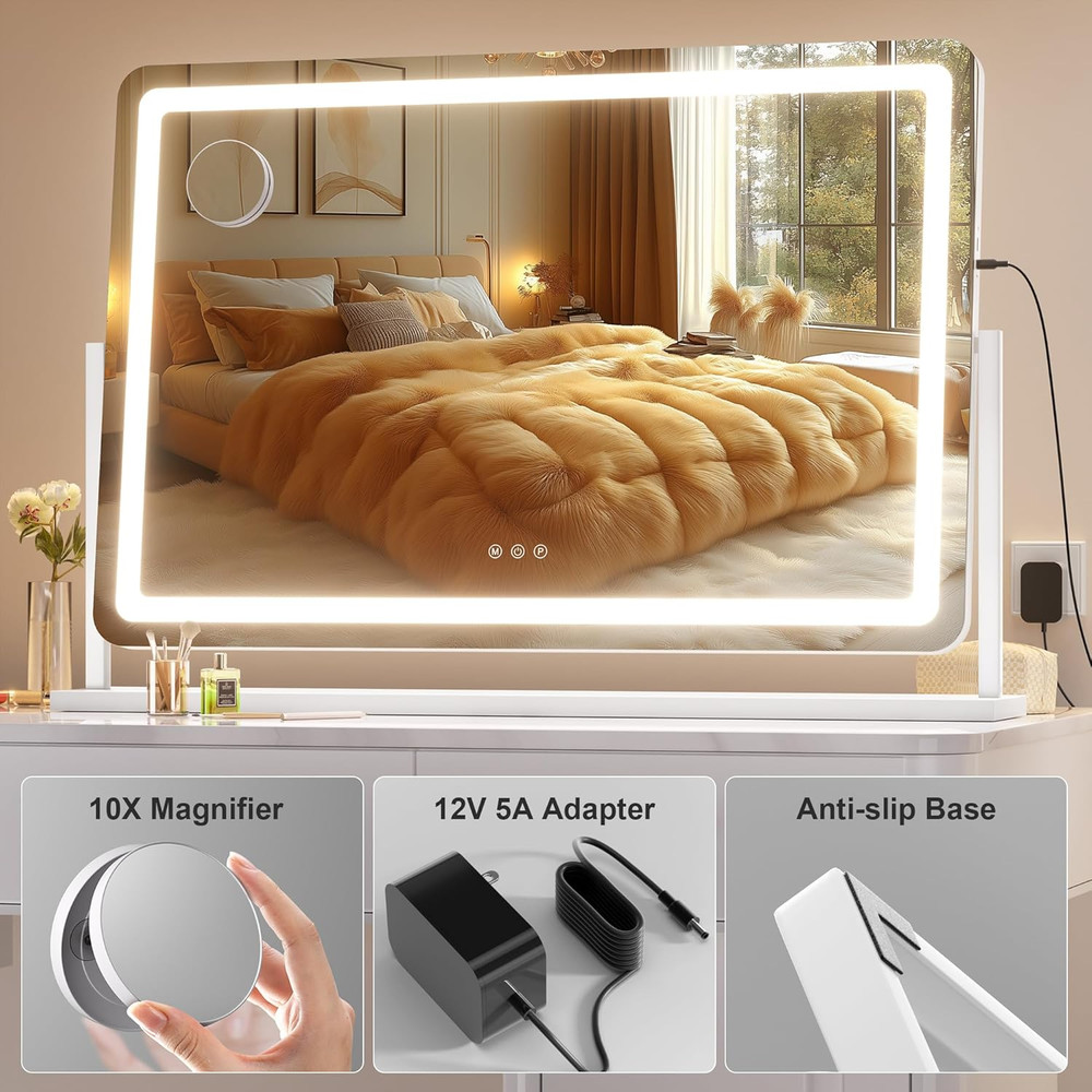LED Vanity Mirror with Lights, 40" x 29", 10X Magnification, USB Charging