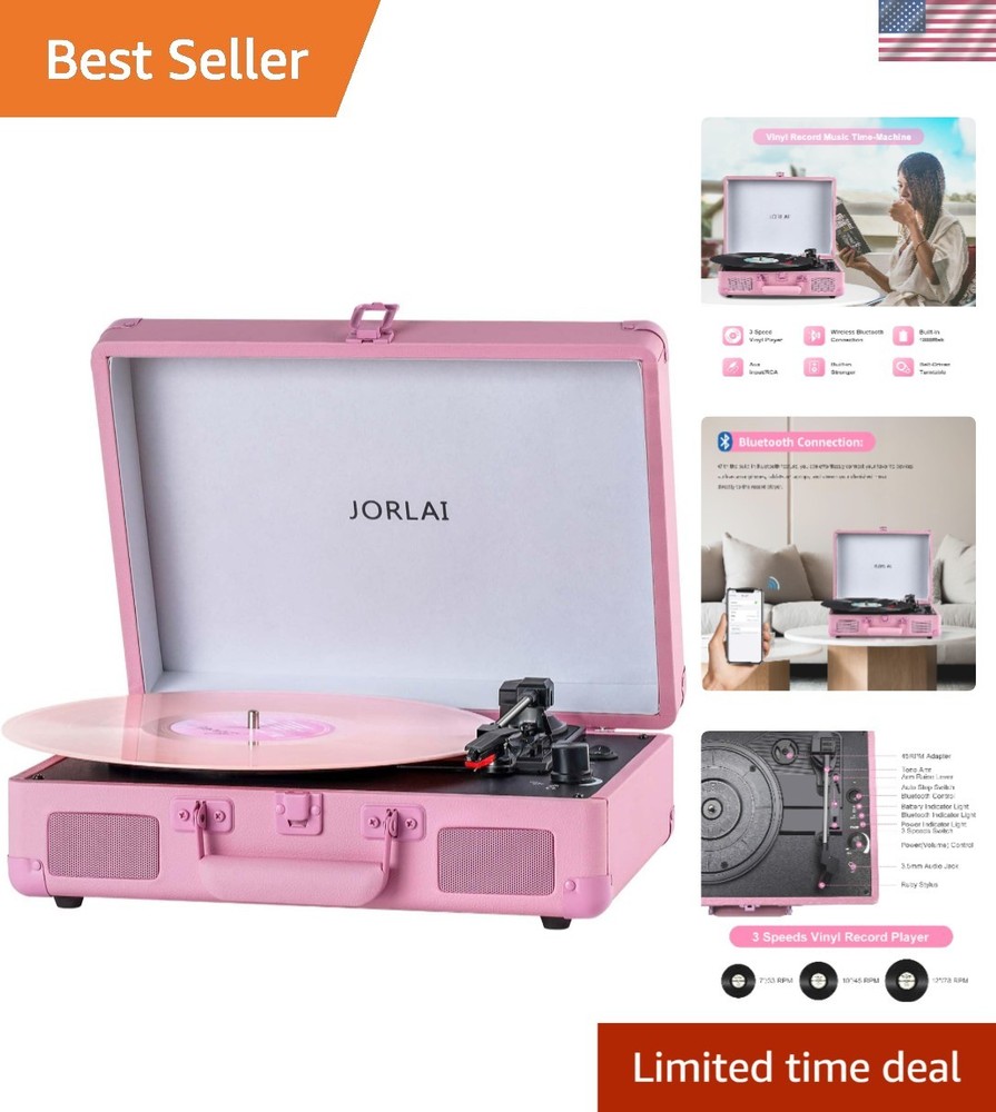 Rechargeable Battery Vintage Suitcase Record Player with Bluetooth Connectivity