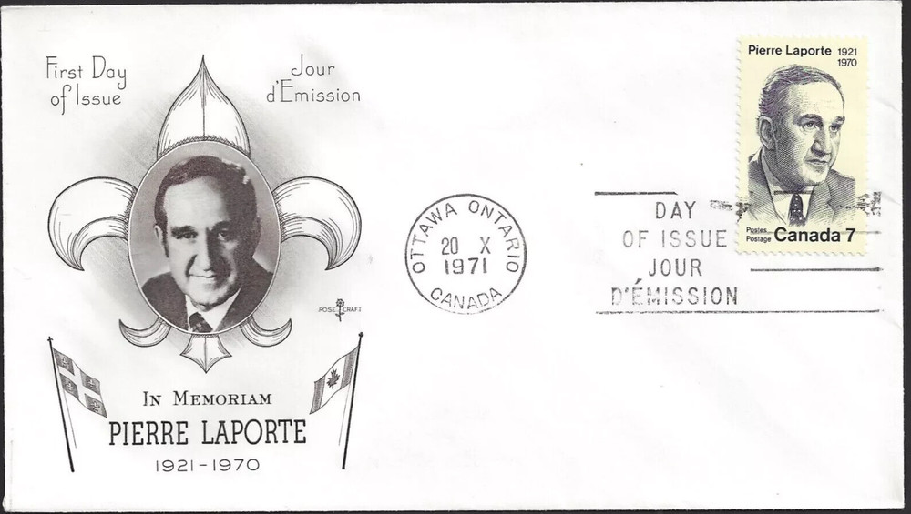 CANADA #558 PIERRE LAPORTE MEMORIAL 1971  FDC ROSECRAFT CACHET UNADDR