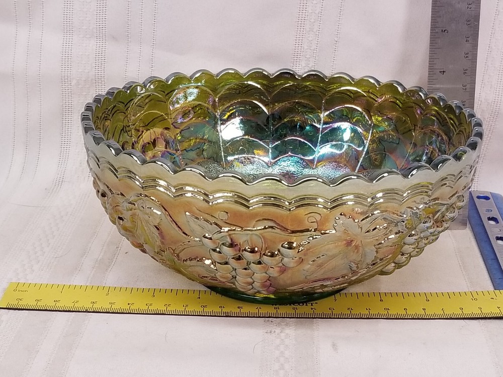 Imperial Glass Olive Green Iridescent Grape & Cable Bowl