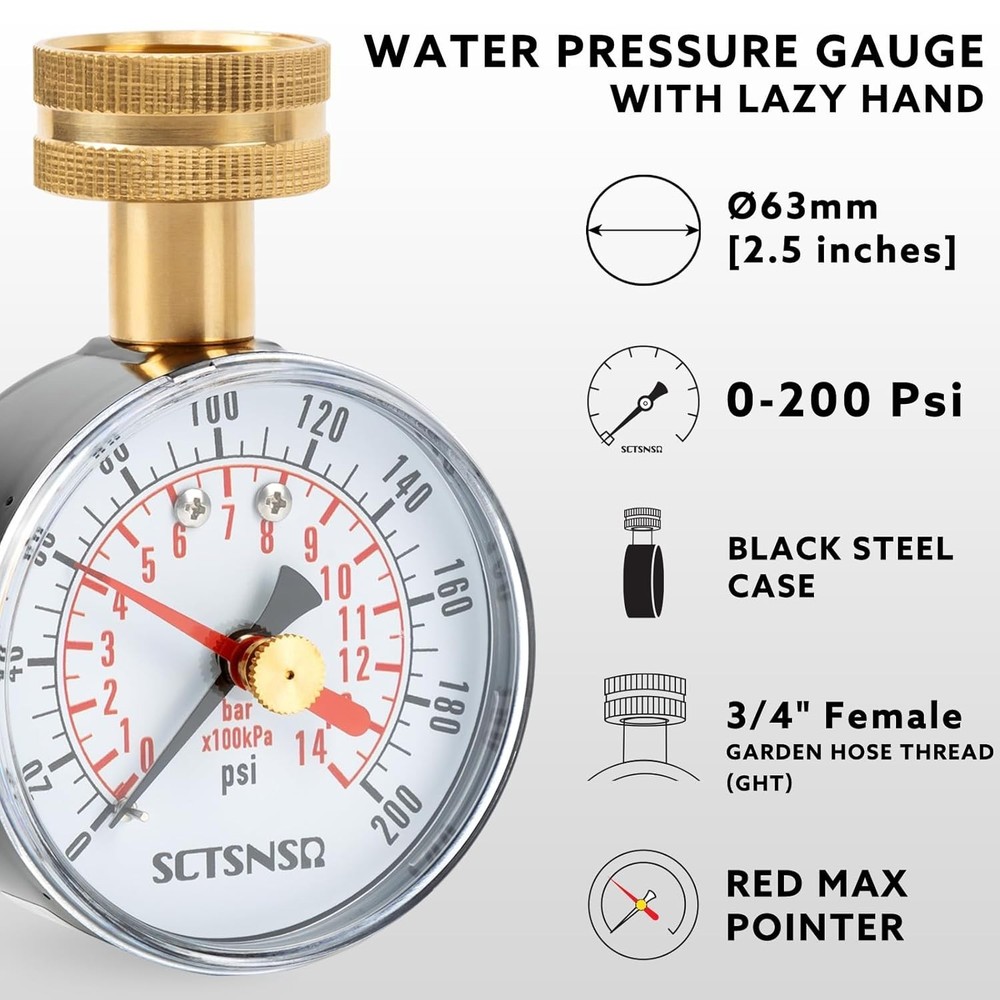 Accurate 0-200 PSI Water Pressure Gauge with Red Max Pointer, 2.5" Dial