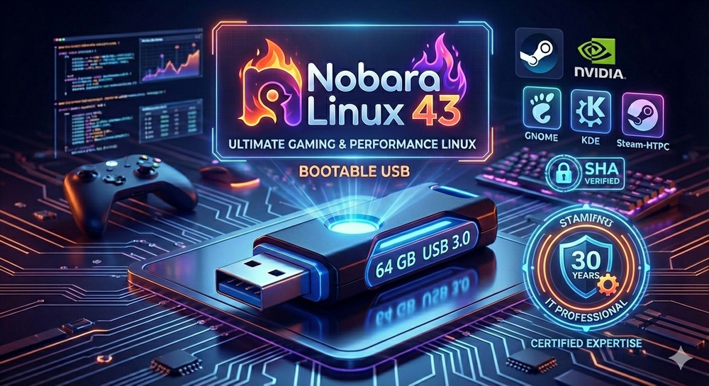 Nobara Linux 43 Bootable USB – Gaming & Performance Linux (GNOME / KDE / NVIDIA)