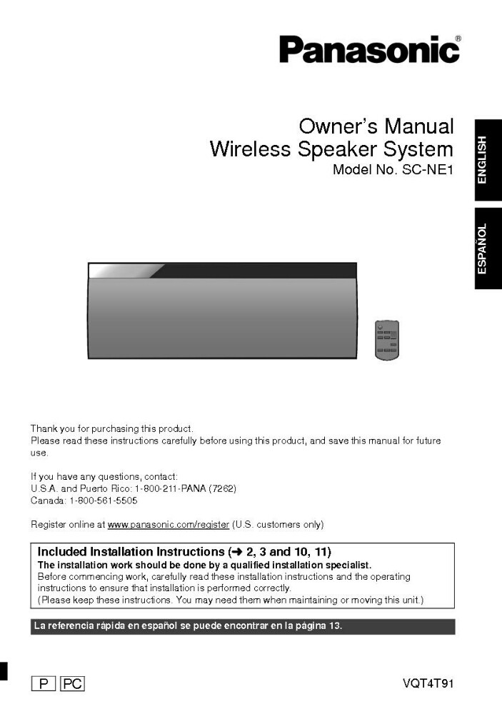 Panasonic SC-NE1 Wireless Speaker System Owners Instruction Manual