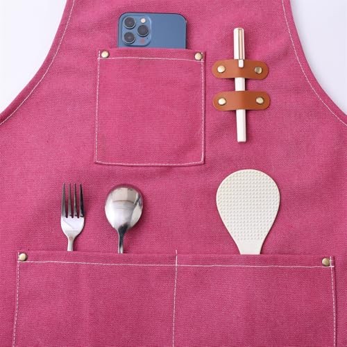 Chef Apron Medium-Thick Cotton Canvas,Cross Back with Multiple Pockets Pink