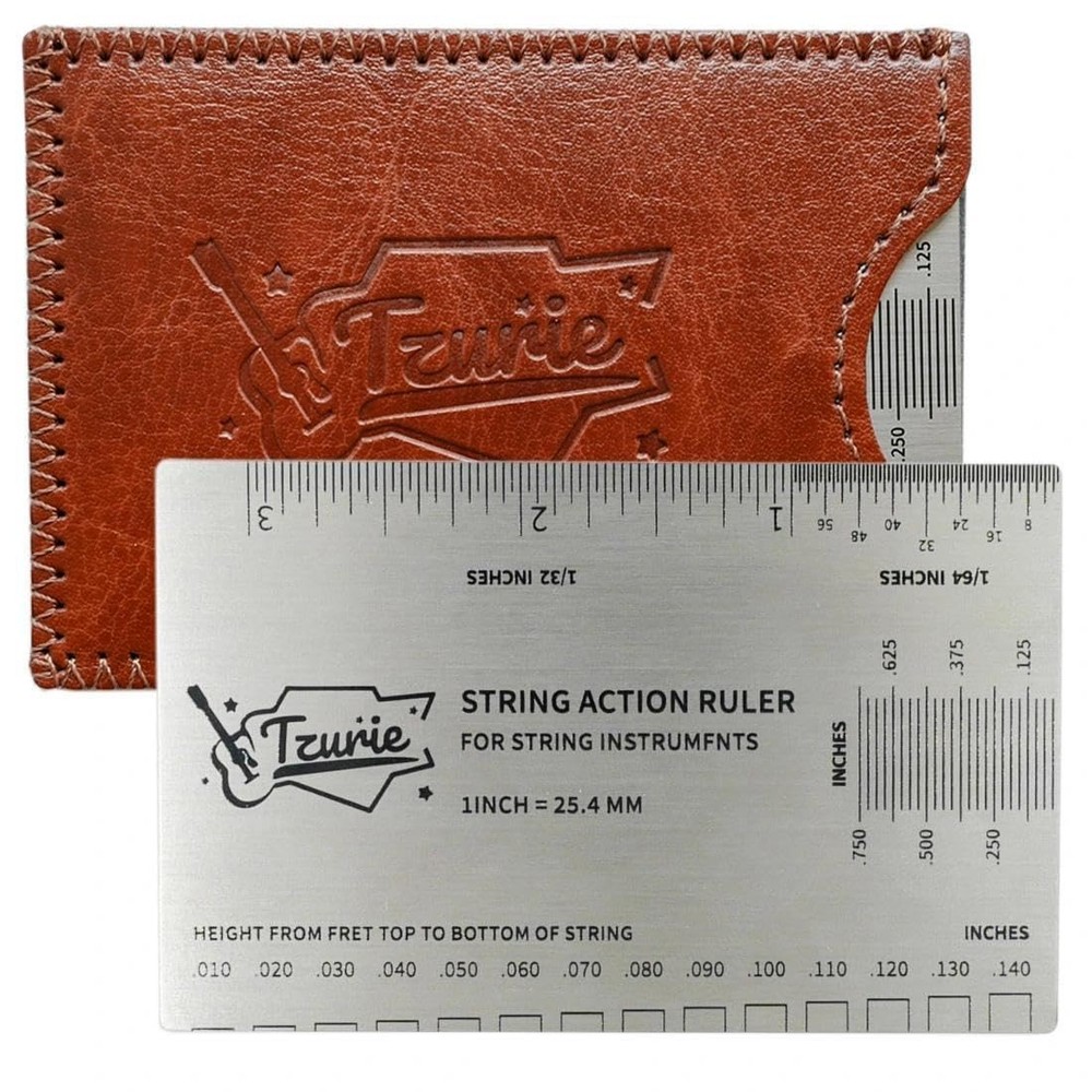 Tzurie Guitar String Action Gauge, Medium, silver ruler with brown case