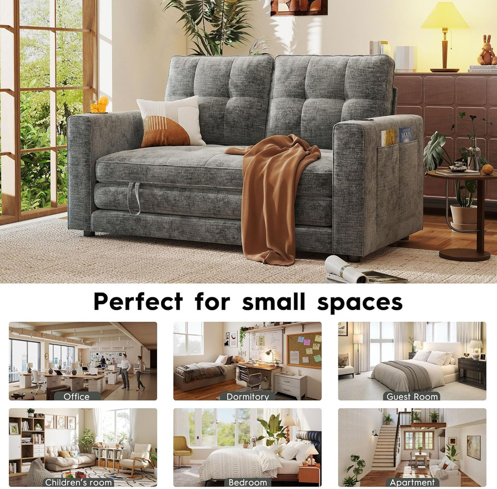 Compact 55" Grey Chenille Convertible Sofa Bed with Cup Holder & Pillow
