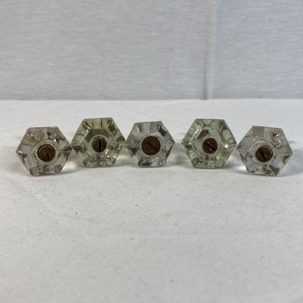 Old Vintage Clear Glass Hexagon Pull Knobs Handles Drawer Cabinet Door Five 5