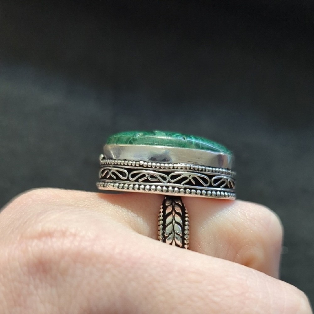 Silver Plated Green Malachite Gemstone Oval Chunky Oversized Statement Ring 7-9