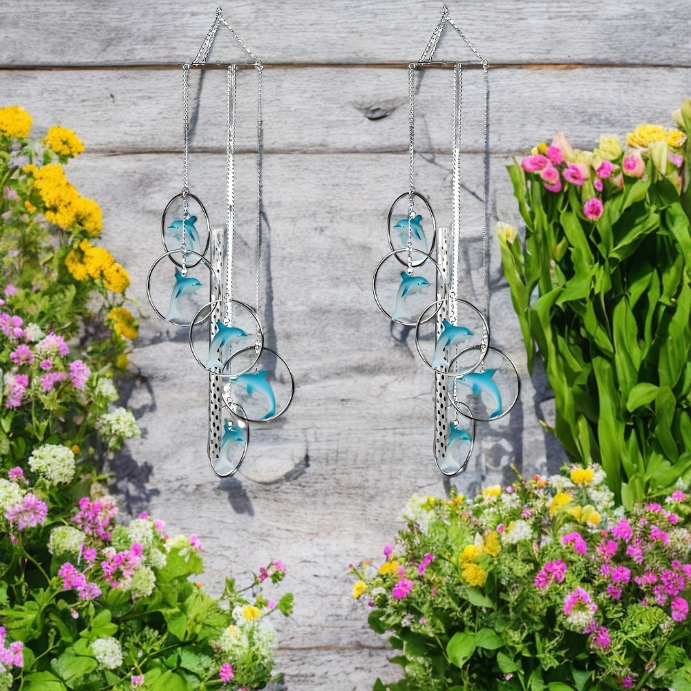 2-PC Gift Set 24" Long 5-Ring Polyresin Dolphin Wind Chime  Garden Decor
