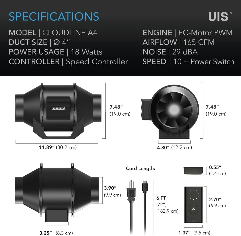 CLOUDLINE A4 Quiet 4" Inline Duct Fan with Speed Controller for Ventilation