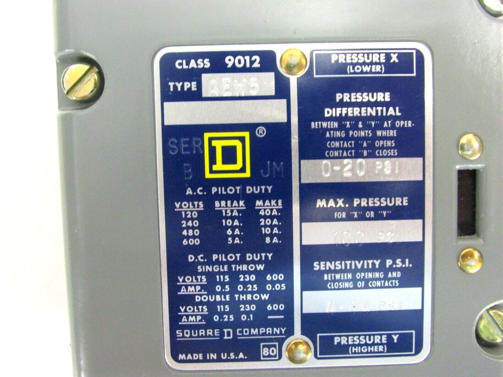 SQUARE D ser B PRESSURE DIFFERENTIAL SWITCH, 100 PSI, AEW5
