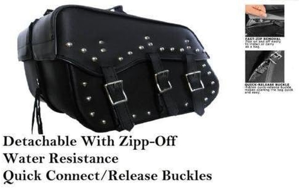 Leather Saddlebags 3 Strap Quick Release Zip off Studded