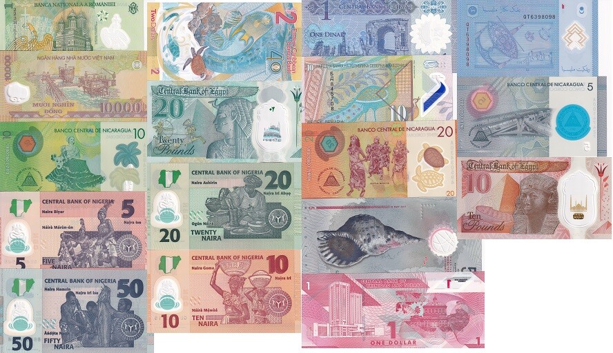 World Polymer Banknotes Set 17 UNC Different Notes 11 Countries Mixed Year-2024