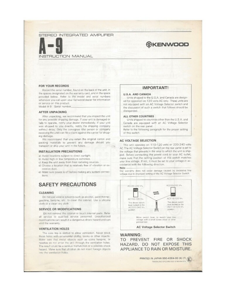 Kenwood A-9 Amplifier Owners Instruction Manual