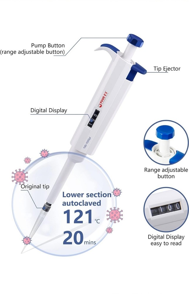 FOUR E'S SCIENTIFIC Variable Volume Single Channel Pipettors, 0.1-2.5uL