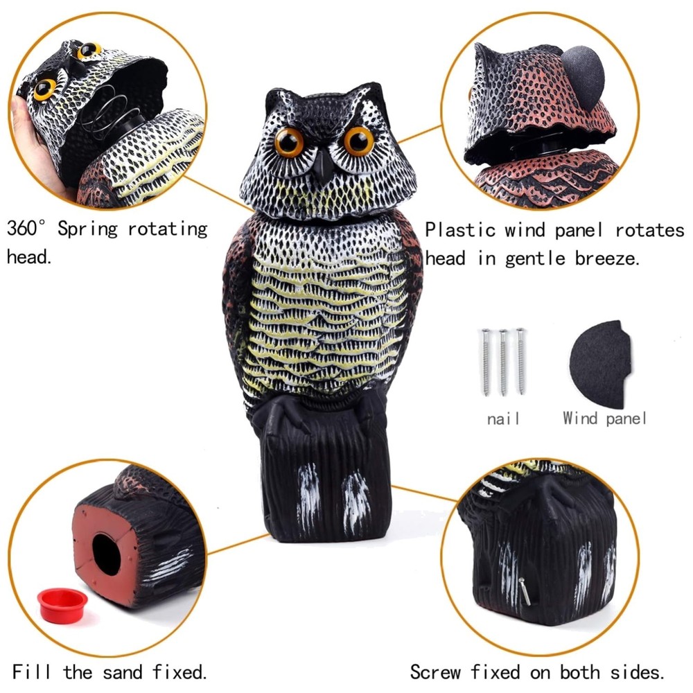 Waterproof Owl Scarecrow with Rotating Head