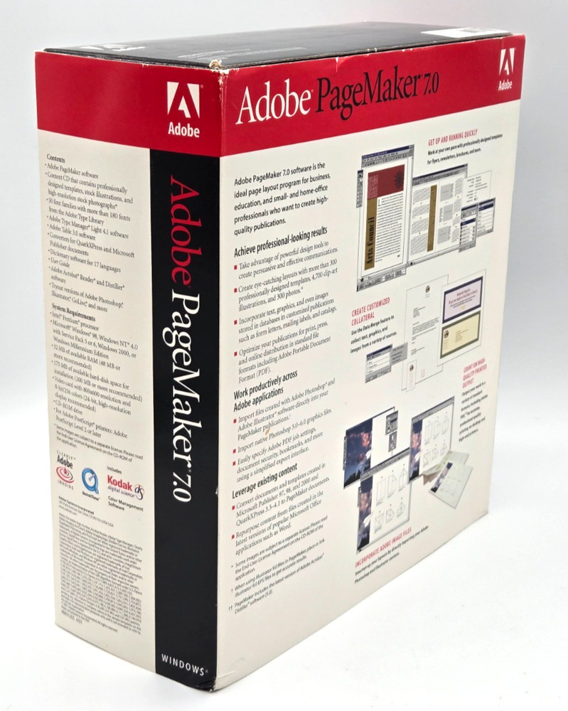 Adobe PageMaker 7.0 Upgrade Windows 2 Disc Set with Key Guide & Box