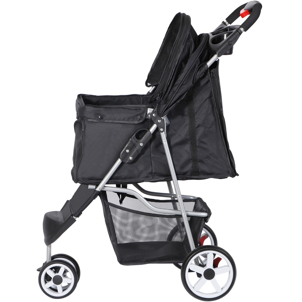 Dog Stroller 3 Wheels Foldable Pet Stroller w/Storage Basket & Cup Holder Black