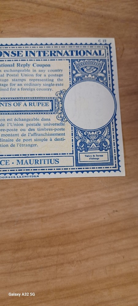International Reply Coupon Mauritius 1963 different text at back