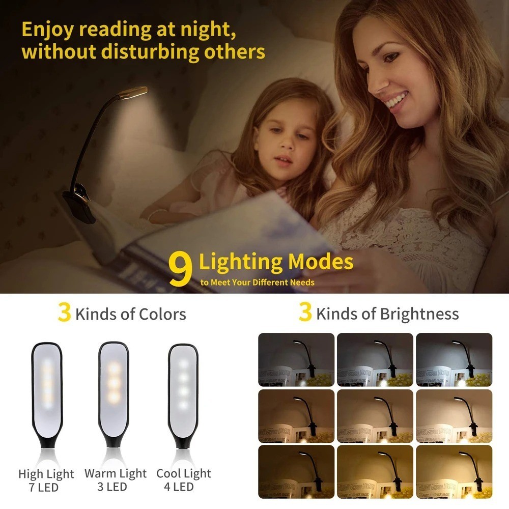 Rechargeable Book Light 7 LED Reading Light with 3Level Warm Cool White Daylight